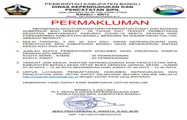 PEMBATASAN LAYANAN DISDUKCAPIL BANGLI DIMULAI BESOK TGL 3 SD. 20 JULI 2021